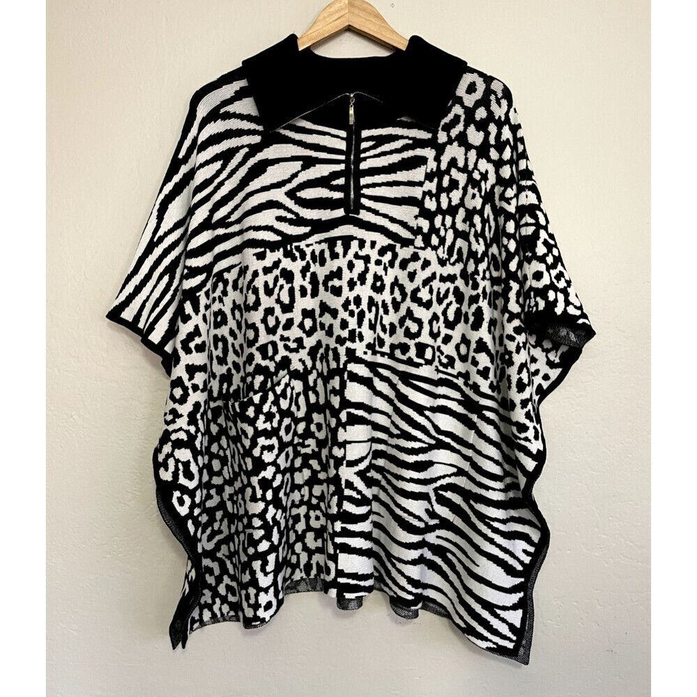 Investments Womans Animal Print Poncho‎ Top Size S/M Oversized Artsy Maximalist